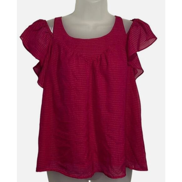 Anthro Maeve SZ 14 Magenta Gingham Top Cold Shoulder Micro Plaid Flutter Sleeve - Picture 1 of 10